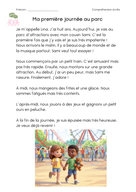 compréhension écrite (Ma première journée au parc) – francais – ressource pédagogique SDMcollective
