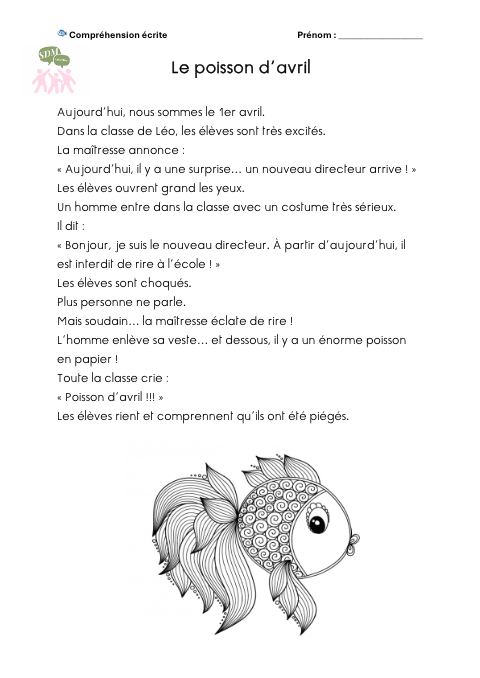Compréhension écrite – Le poisson d’avril – francais – ressource pédagogique SDMcollective
