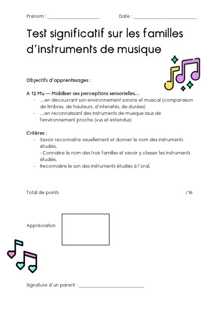 Test significatif – Les familles d’instruments – musique – ressource pédagogique SDMcollective