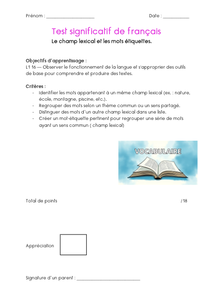 Test significatif – Champ lexical et mots étiquettes – francais – ressource pédagogique SDMcollective