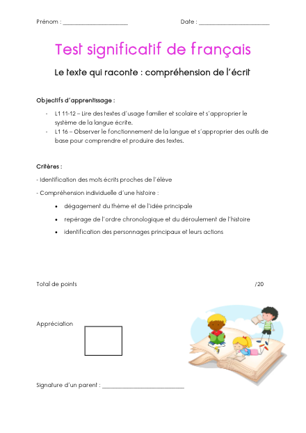 Test significatif – Compréhension écrite ( 4P) – francais – ressource pédagogique SDMcollective