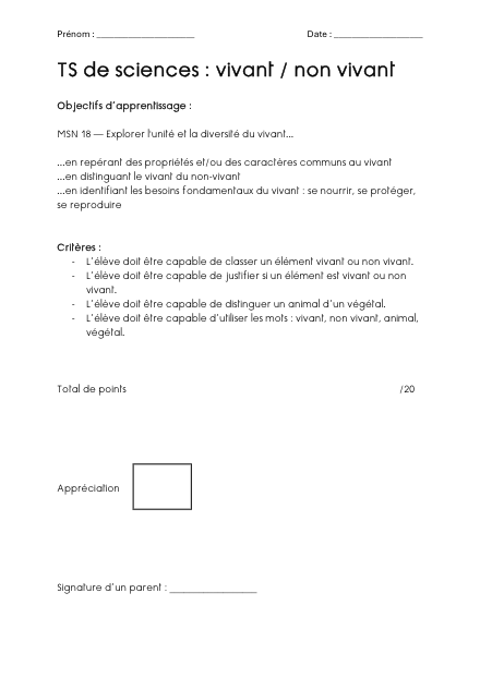 Test significatif – Vivant / non vivant – sciences – ressource pédagogique SDMcollective