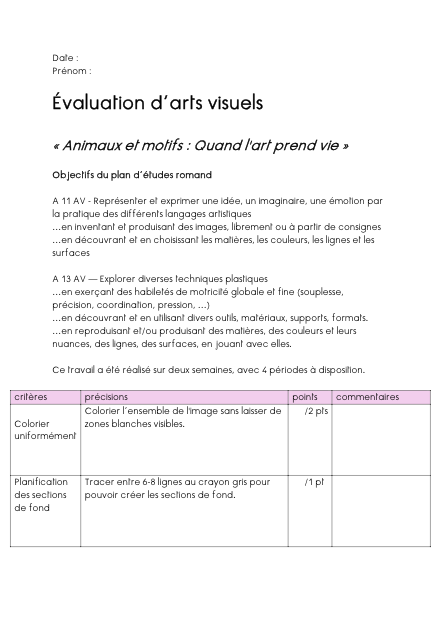 Évaluation d’arts visuels – Animaux et motifs – avi – ressource pédagogique SDMcollective