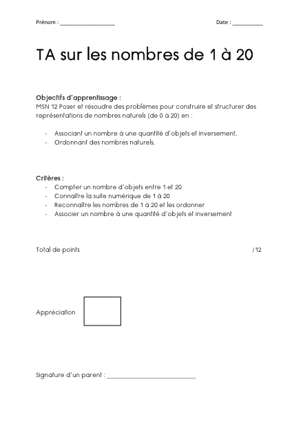 Test assimilé – Les nombres de 1 à 20 – mathematiques – ressource pédagogique SDMcollective