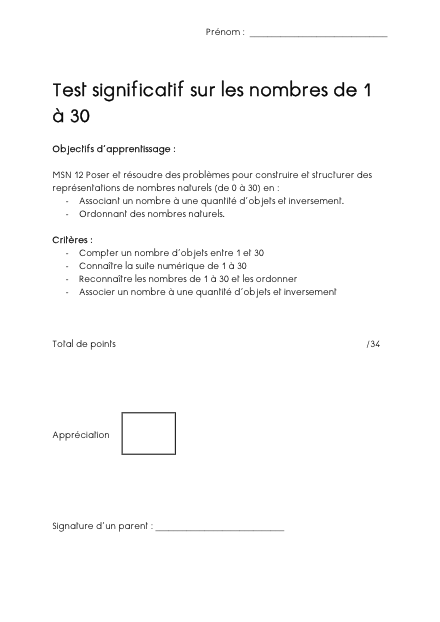 Test significatif – Les nombres de 1 à 30 – mathematiques – ressource pédagogique SDMcollective