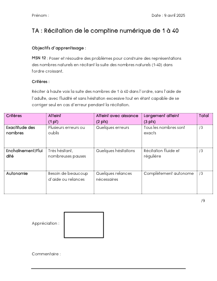 Évaluation assimilée – Récitation des nombres de 1 à 40 – mathematiques – ressource pédagogique SDMcollective