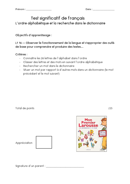 Test significatif – Alphabet et dictionnaire – francais – ressource pédagogique SDMcollective