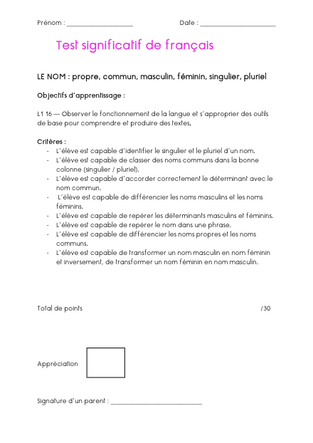 Test significatif – Le nom ( masculin - féminin / singulier - pluriel) – francais – ressource pédagogique SDMcollective