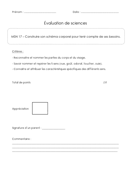 Évaluation de sciences – Le corps et les 5 sens (3P) – sciences – ressource pédagogique SDMcollective