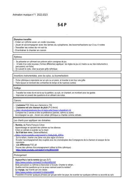 planification de musique 5-6P ( 6 semaines) - rentrée scolaire – musique – ressource pédagogique SDMcollective