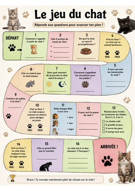 Jeu de l'oie – Le chat : diversité du vivant – Sciences 3P-4P – sciences – ressource pédagogique SDMcollective